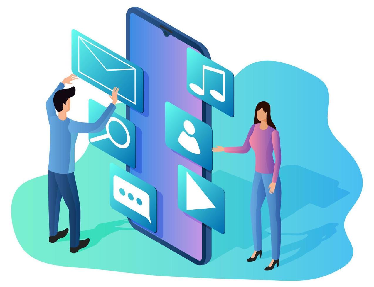 Isometric illustration of people using a mobile phone.Mobile application.The concept of social networks.User interface. vector