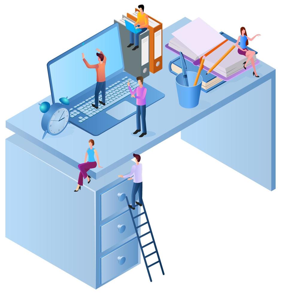 The people involved in the coworking office.Desktop workers and office equipment.Team work and time management.The concept of joint goal achievement.Flat isometric image. vector