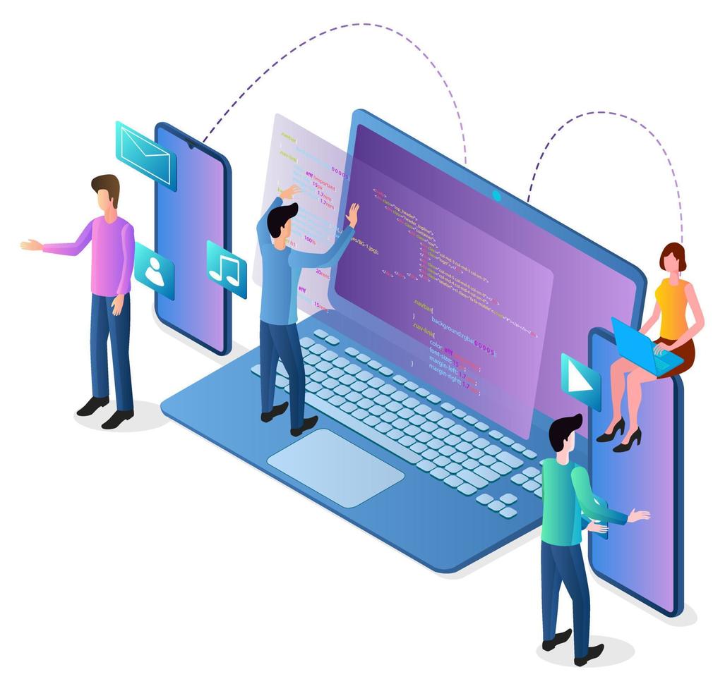 People develop mobile apps.People, smartphones, and computers.Teamwork, joint programming.The concept of developing a modern web design.Isometric view. vector