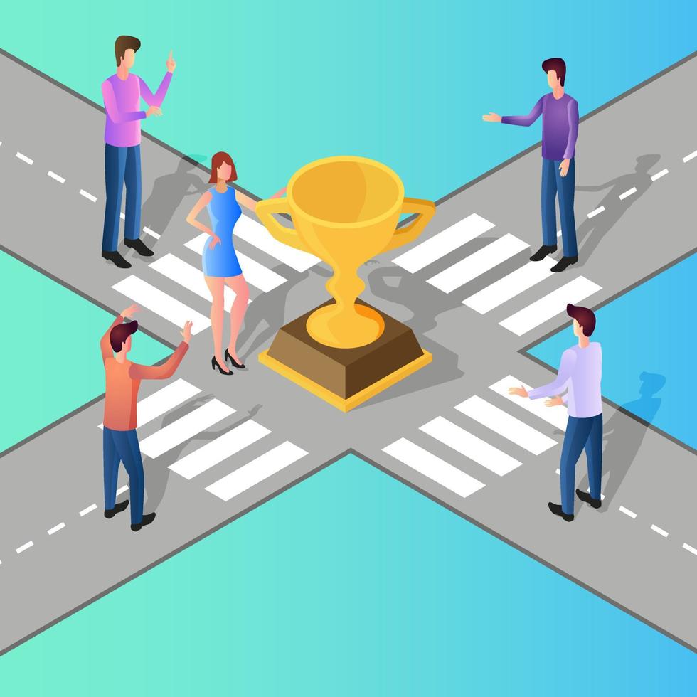 The concept of moving to victory.Joint progress towards the goal.People at the intersection strive for victory in the form of a Cup.Teamwork and moving forward.Isometric vector image.