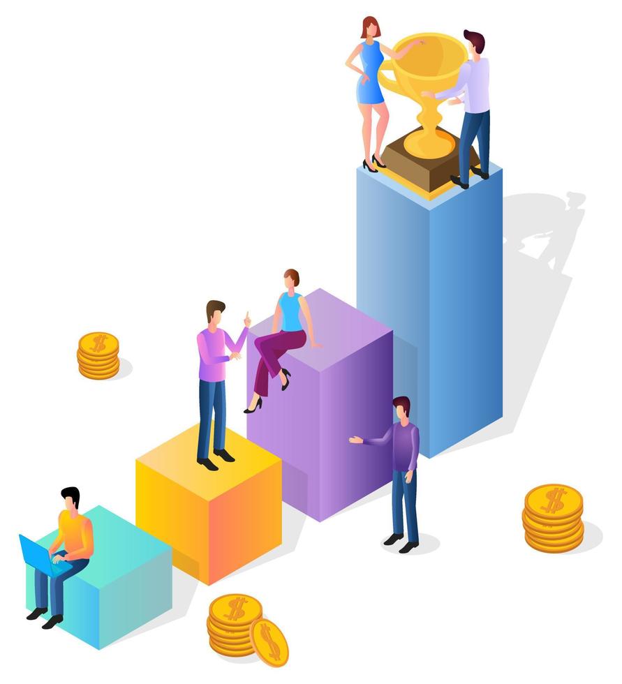 The Cup is a symbol of successful victory.People are engaged in career development.Isometric image of business success and desire to win.Big trophy and businessmen. vector