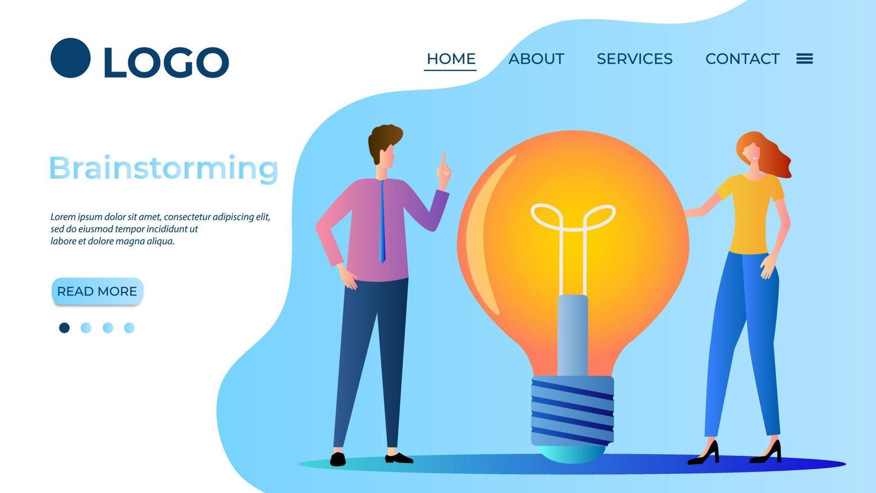 Brainstorming.Performing tasks together.Development of business projects.Teamwork and business planning.The template of the landing page.Flat vector illustration.