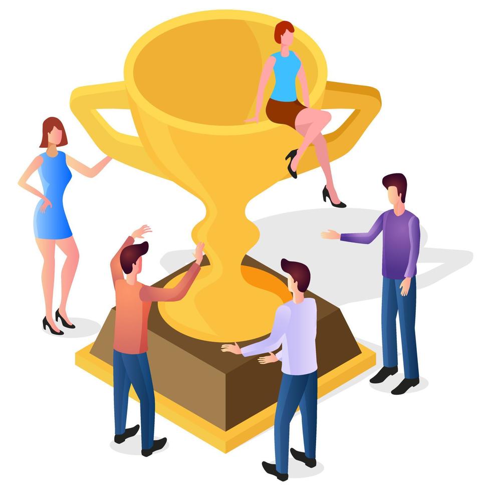 People celebrate the victory.Business people are happy with their success.People and the gold Cup.Getting an award for business success.The concept of successful teamwork.Isometric vector