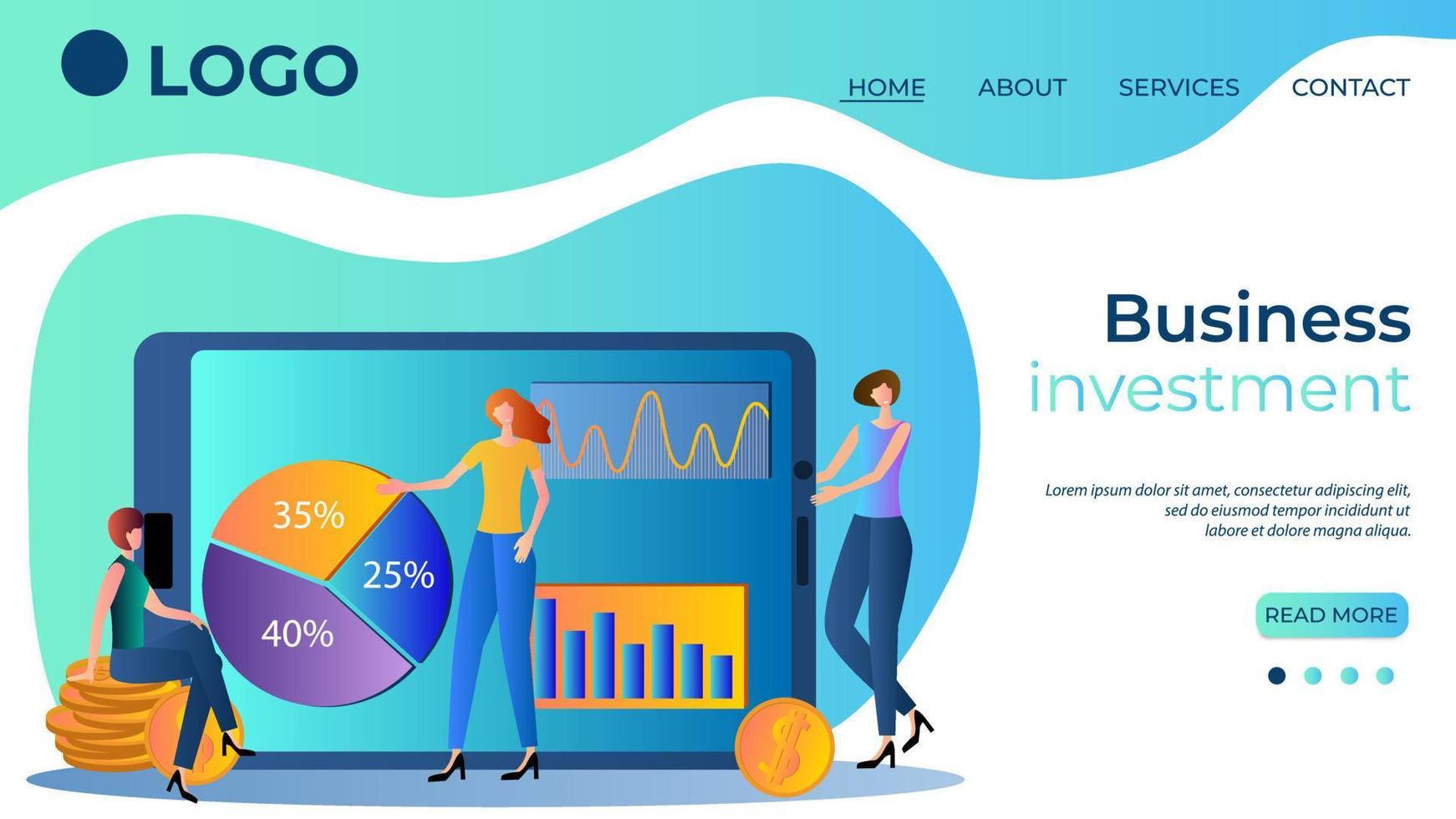 Business investment.Business people working together to consider various business infographics.Concept of investment and Finance.The template of the landing page.Flat vector illustration.