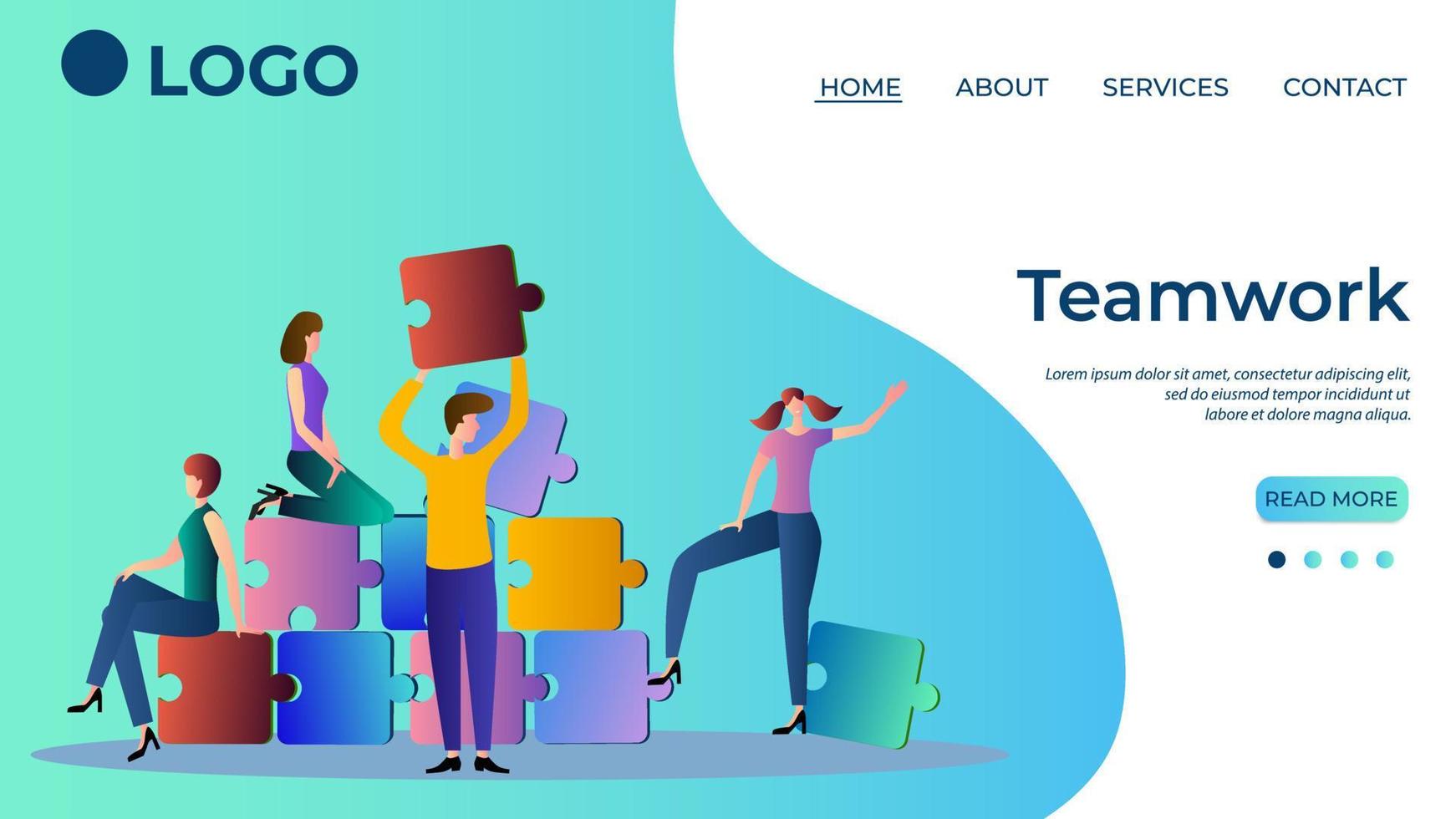 Teamwork.The concept of collaboration and unity.Group problem solving.People put together puzzles.Brainstorming and searching for ideas.The template of the landing page.Flat vector illustration.