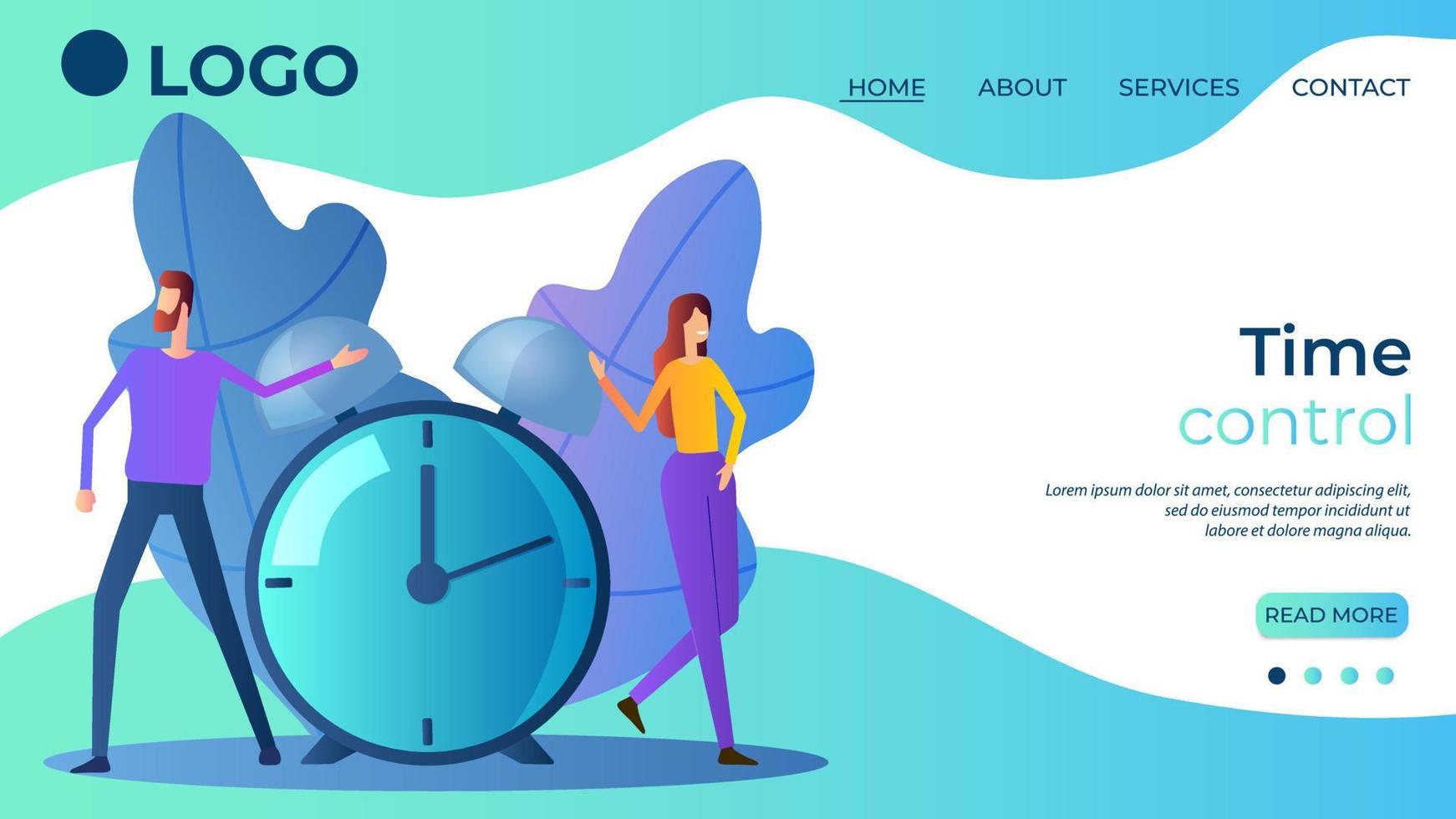 Time control.Time-management.The people in control of their time.The template of the landing page.Flat vector illustration.