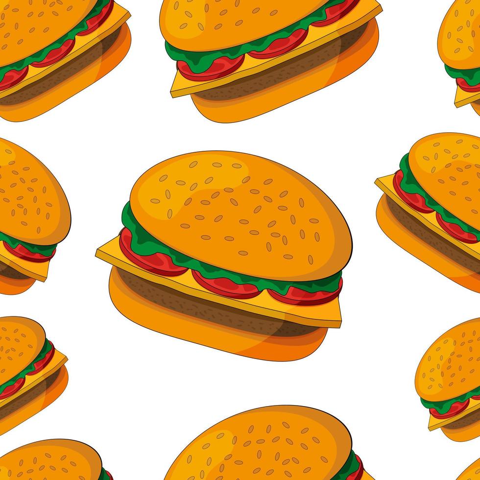 patrón sin costuras de deliciosas hamburguesas dibujadas a mano. hamburguesas, hamburguesas con queso aisladas en un fondo blanco. puede usarlo para empaquetar papel y para elementos de diseño. ilustración vectorial. vector