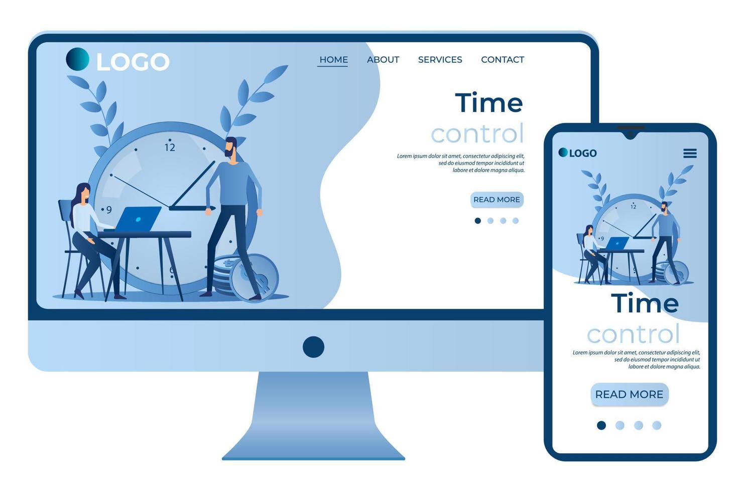 Time control.Time-management.Planning and solving tasks.People at the Desk .Site template, landing page concept.The adaptive design.The screen of the smartphone and the computer.Vector illustration. vector
