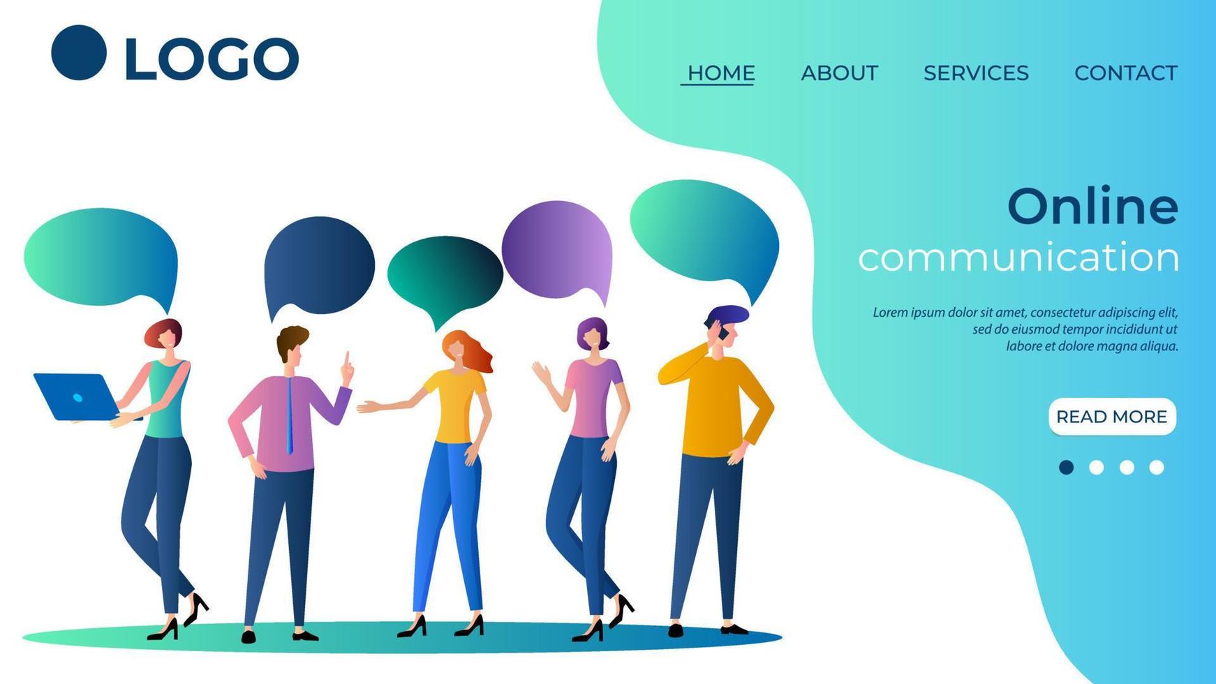 Online communication.Concept of social networks for online negotiations.People communicate with each other using smartphones and laptops.The template of the landing page.Flat vector illustration.