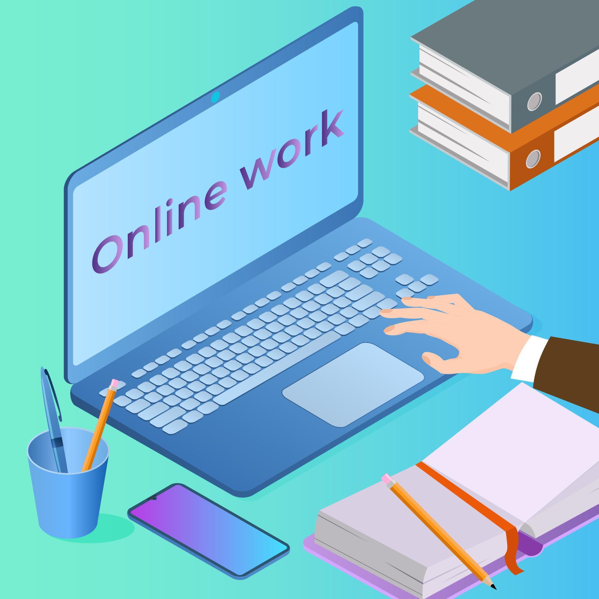 Online work.The businessman is working at his laptop.Remote work, modern design.The interior 