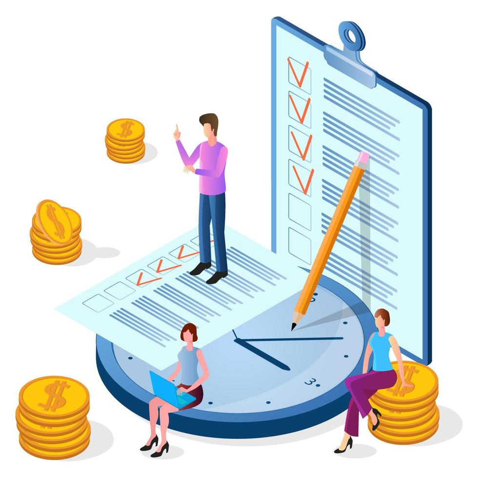 Isometric image of the people engaged in clerical work.Time-management.Teamwork and time control.People, watches, and papers.The concept of corporate communication. vector