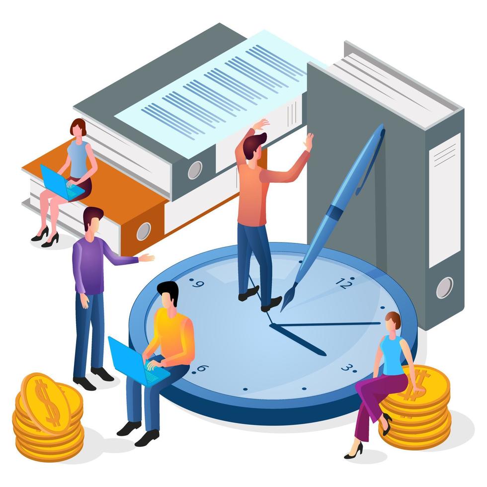 Isometric image people are doing office work.Time-management.Teamwork and time control.People, watches, folders, and papers.The concept of corporate communication. vector
