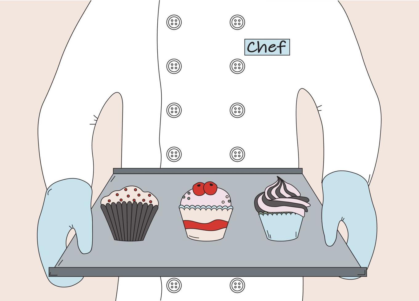 el cocinero con guantes y con una bandeja para hornear preparó cupcakes vector