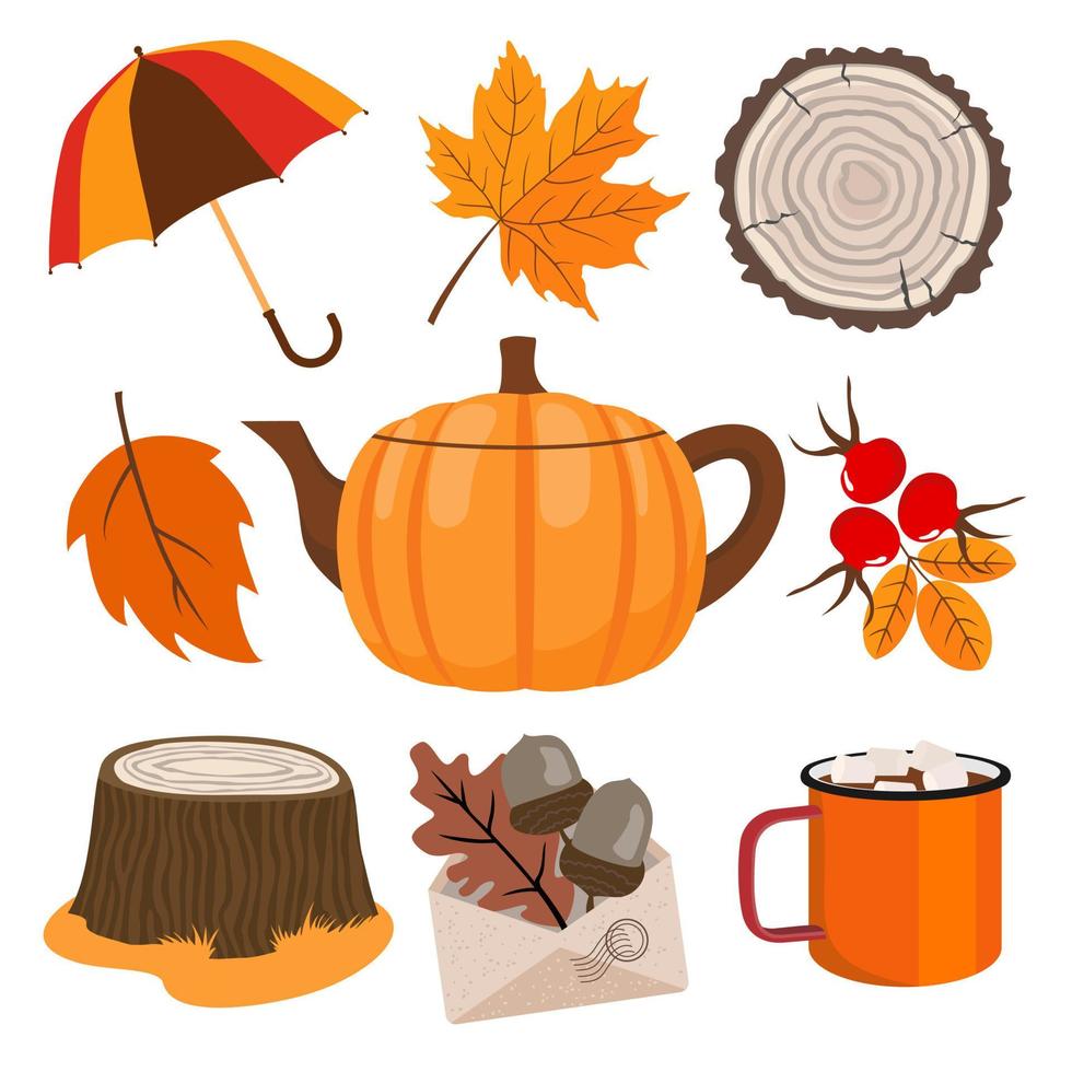 conjunto de elementos de otoño: tetera de calabaza, hojas, sierra de madera, tocón, paraguas, sobre con bellotas. vector