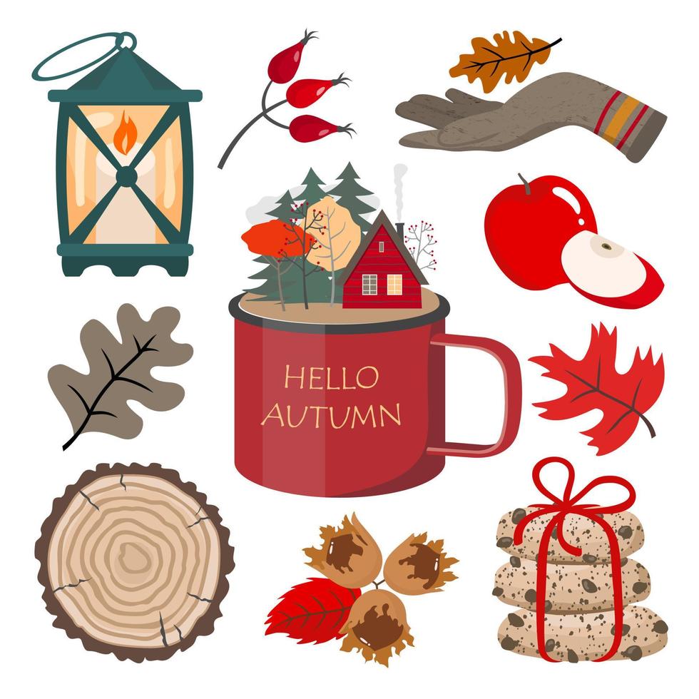 Autumn clipart set - mug with greeting, lantern with candle, wooden saw, stack of oatmeal cookies with chocolate. umbrella, donut with sprinkles, stack of books, leaves . vector
