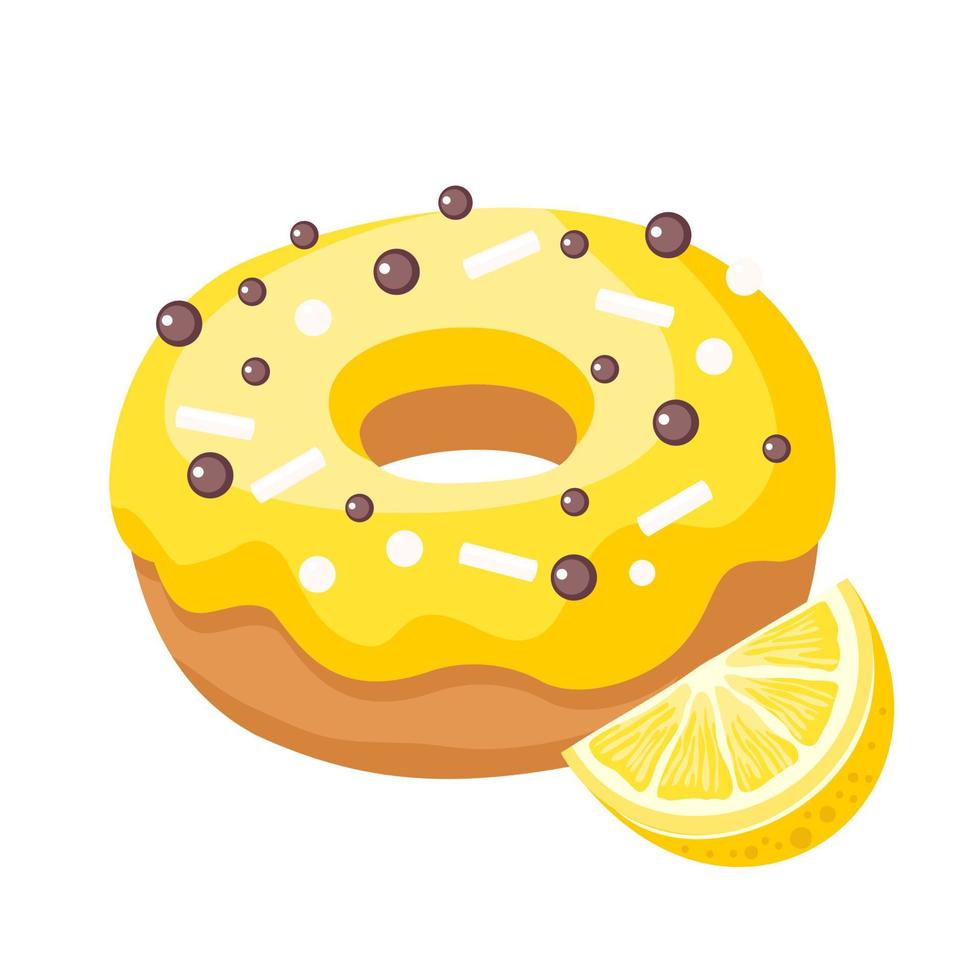 Donut with lemon glaze, sprinkles and a slice of lemon. vector