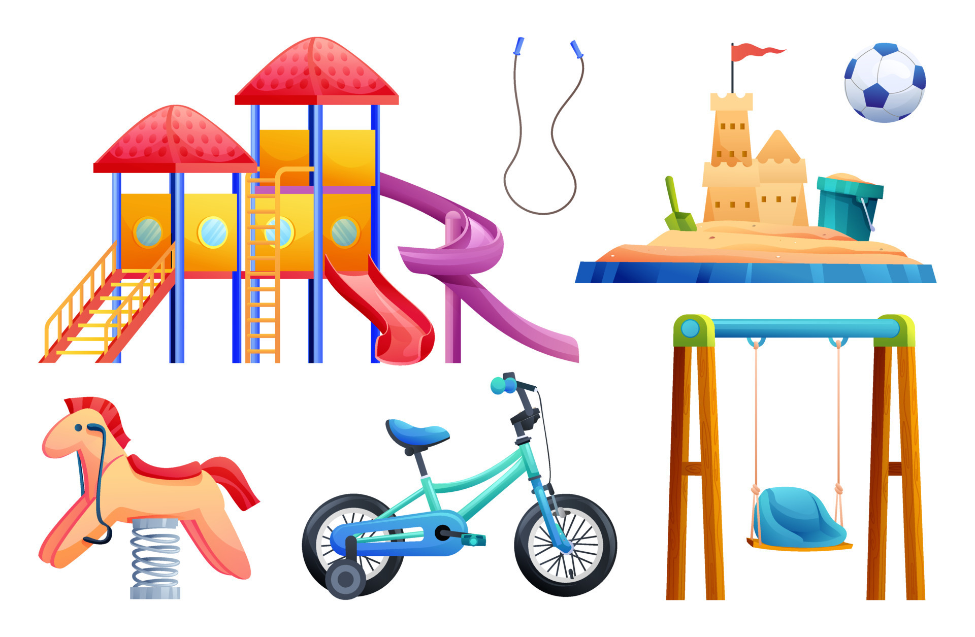 Set of kids playground equipment with slide, swing, sandbox, bicycle