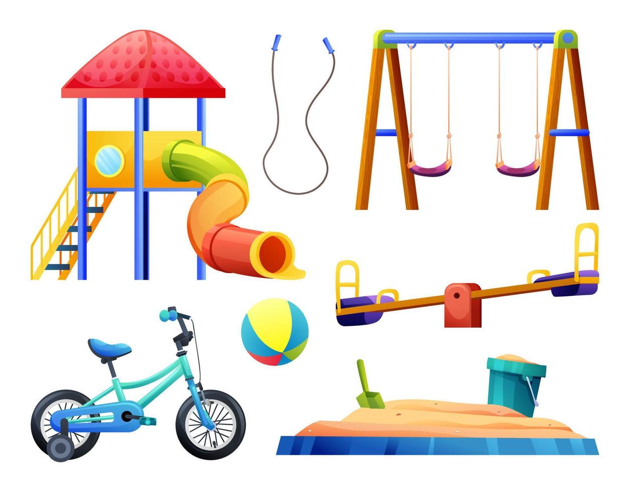 Set of kids playground equipment in cartoon style vector