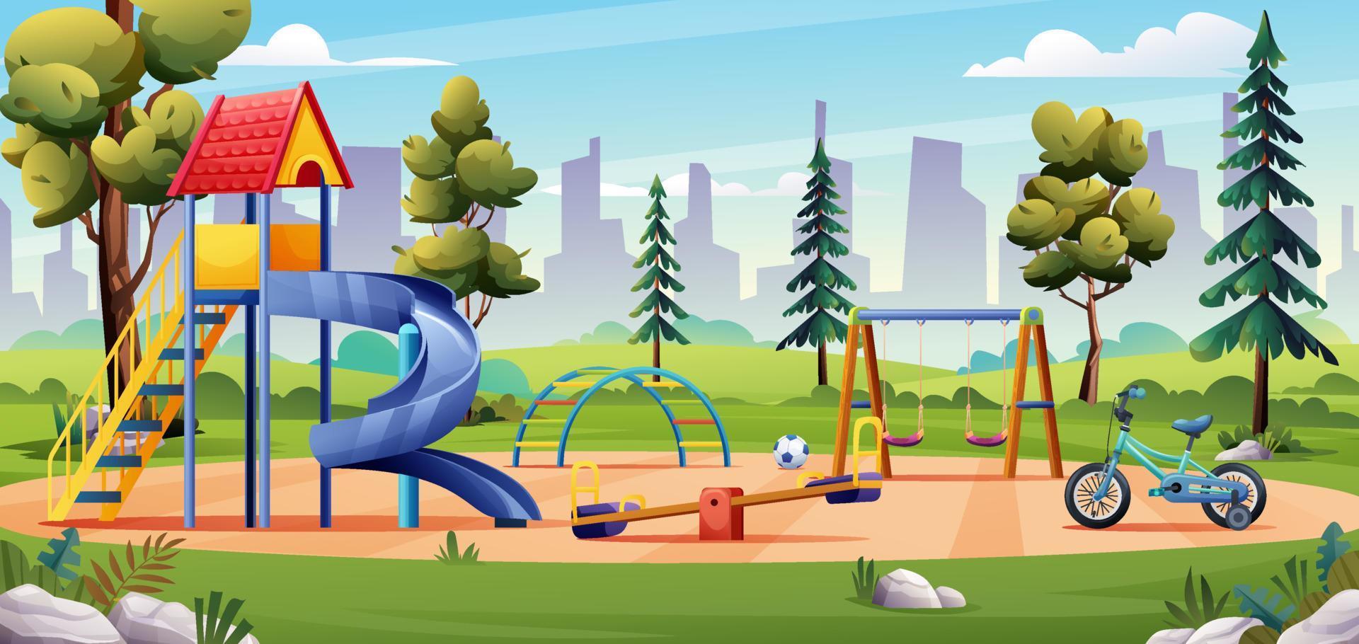 Kids playground landscape with slide, swing, bicycle and seesaw cartoon illustration vector