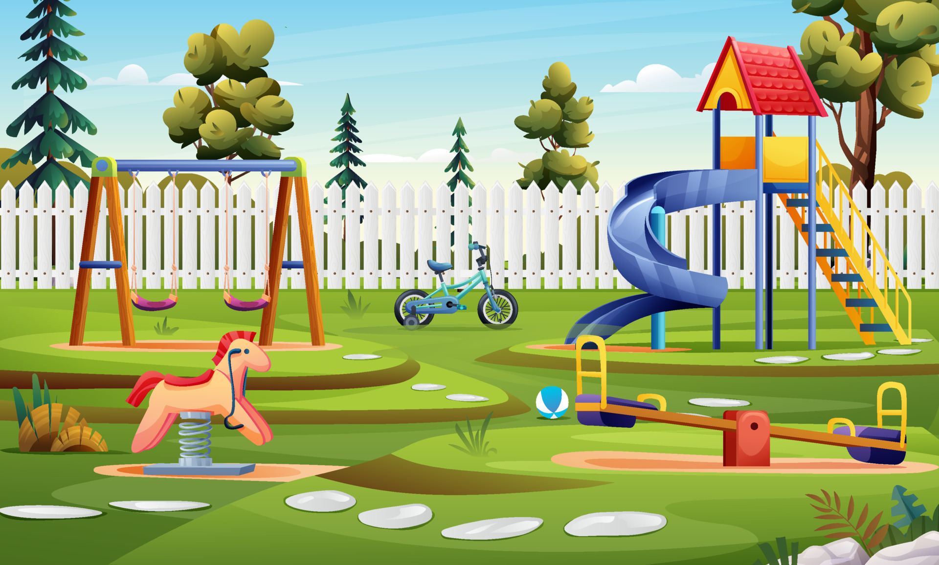 Kindergarten playground with slide, swing and bicycle cartoon