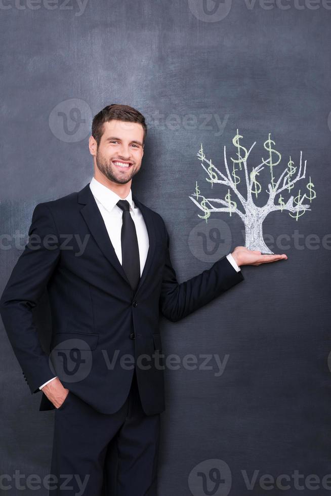 Dollars on a tree. Handsome young man smiling and looking at camera while standing against chalk drawing on the blackboard photo