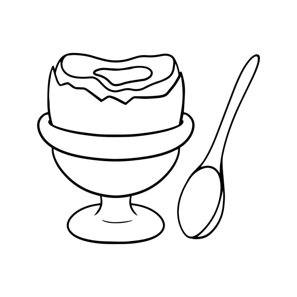 Monochrome image, half of a boiled chicken egg on a ceramic stand, spoon, vector illustration in cartoon style on a white background