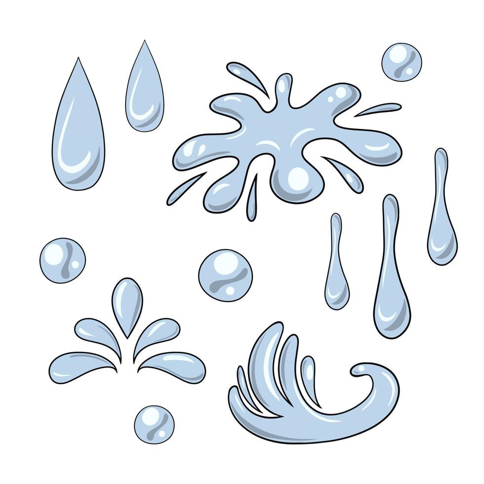 Collection of colored icons, various splashes, waves and water drops, vector illustration in cartoon style, on a white background