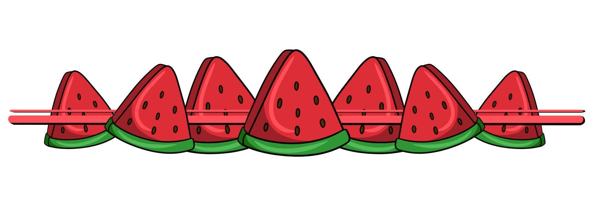 Horizontal border, edge, juicy red pieces of watermelon, vector illustration in cartoon style on a white background