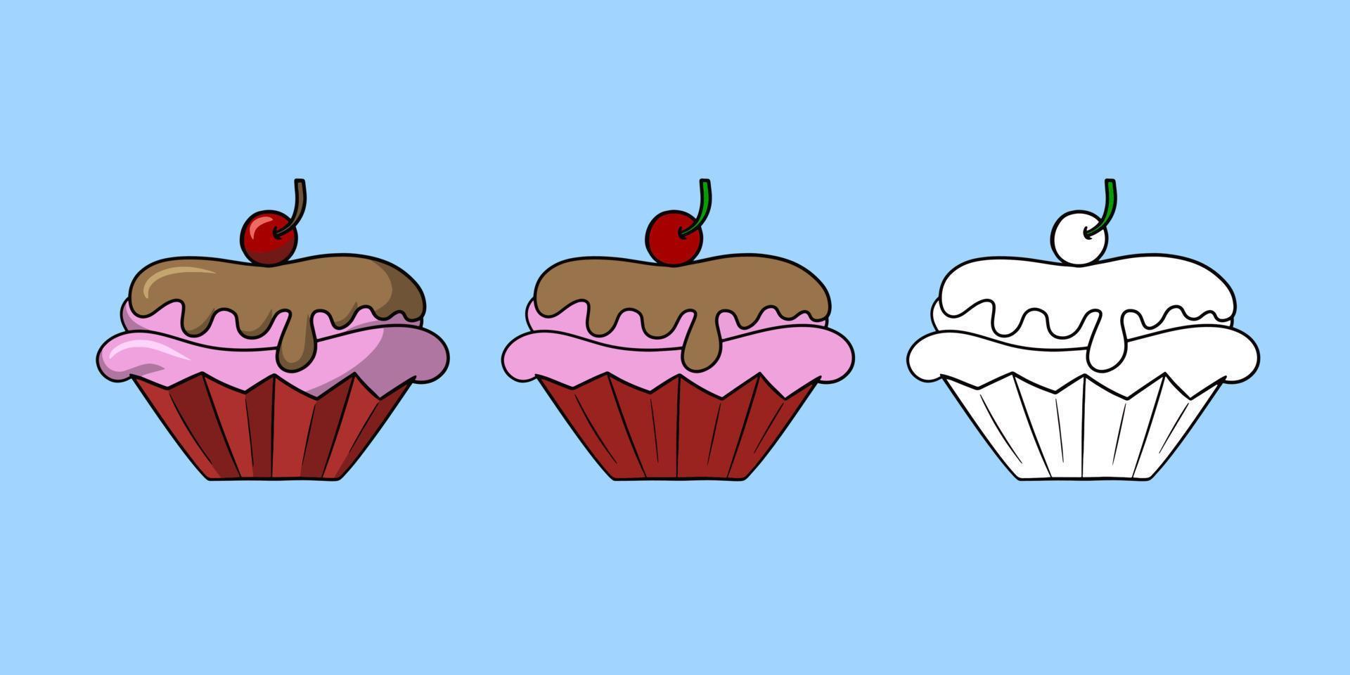Horizontal set of pictures, delicious cupcake with delicate chocolate cream and cherry berry, vector illustration in cartoon style