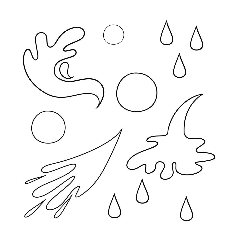 un conjunto de siluetas monocromáticas, varias salpicaduras, olas y gotas de agua al estilo de las caricaturas, ilustración vectorial en un fondo blanco vector