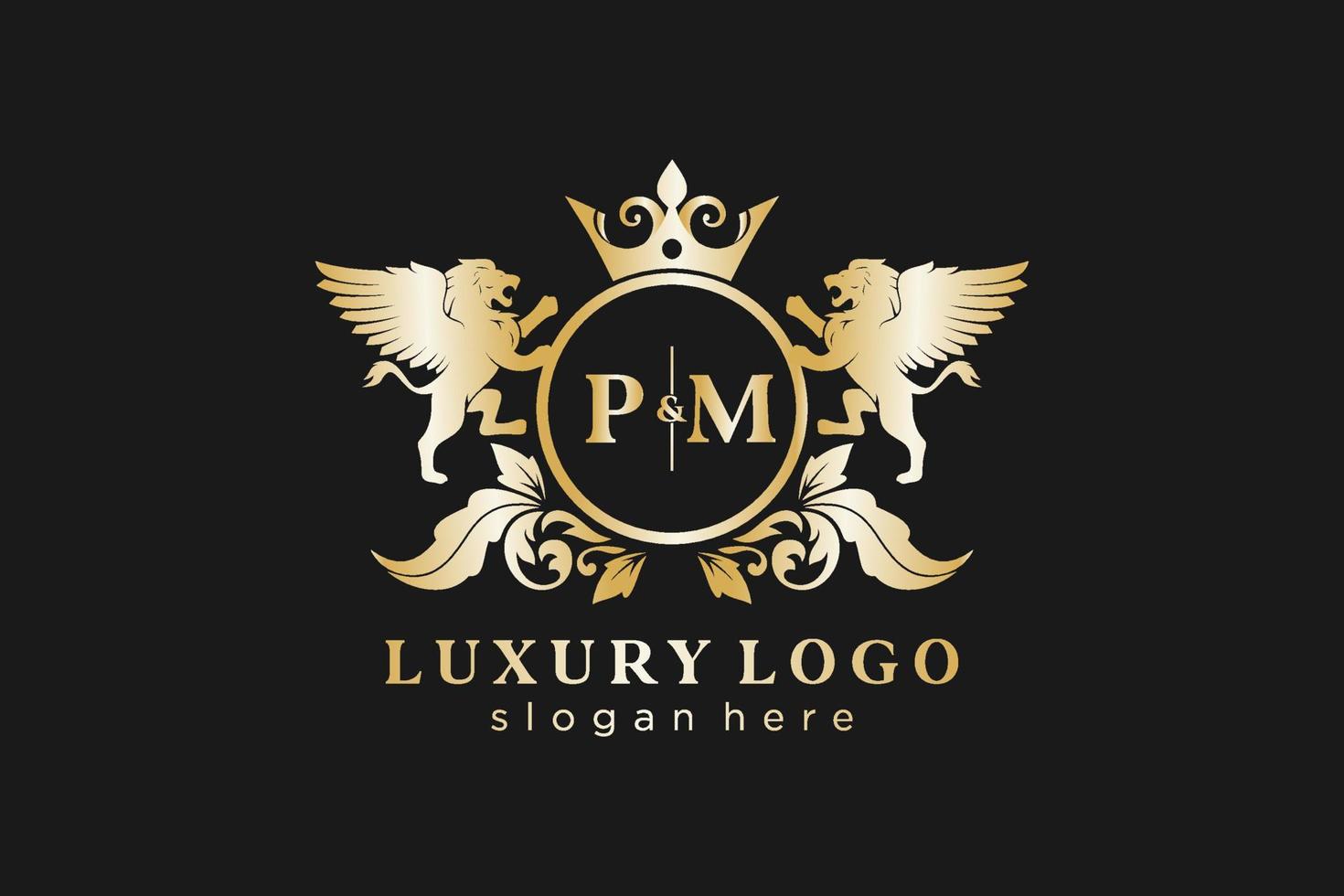 Initial PM Letter Lion Royal Luxury Logo template in vector art for Restaurant, Royalty, Boutique, Cafe, Hotel, Heraldic, Jewelry, Fashion and other vector illustration.