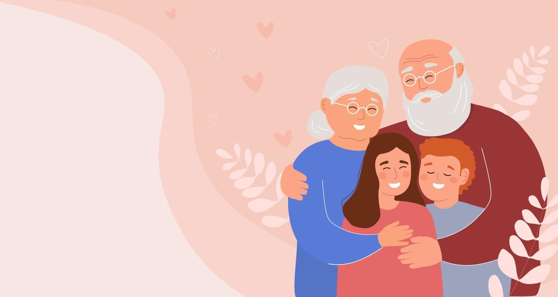 Banner grandfather, grandmother and her grandchildren are happy. An elderly couple hugs their children. The concept of family, generations, communication. Vector graphics.