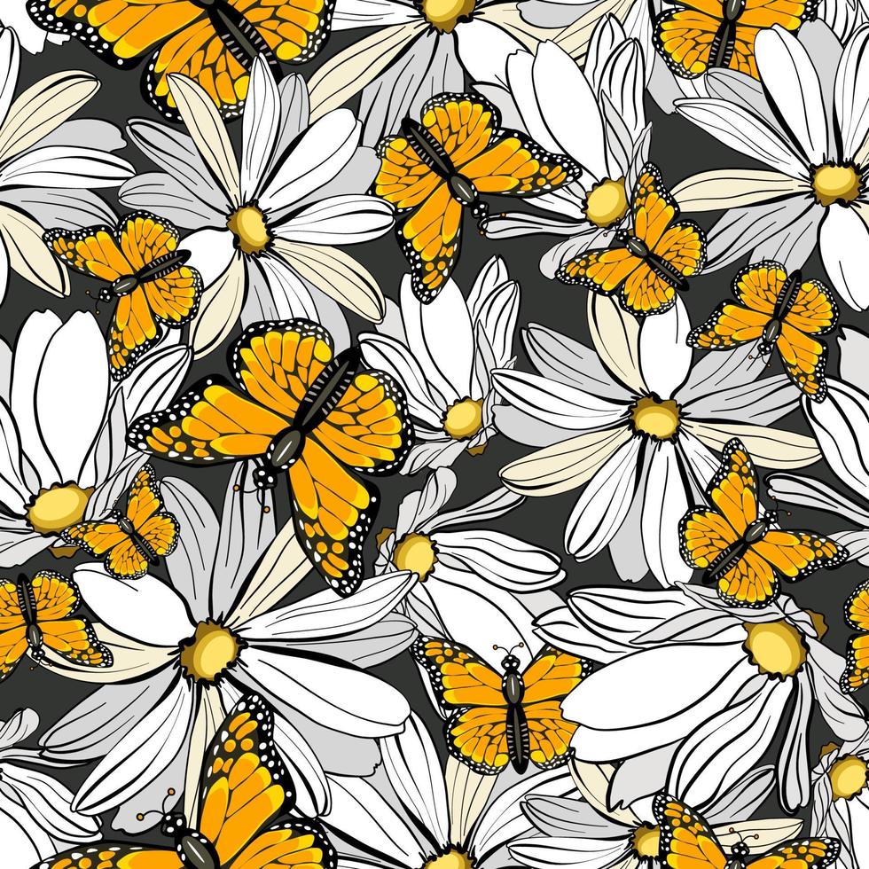 patrón floral transparente con mariposas monarca en flores de margarita vector