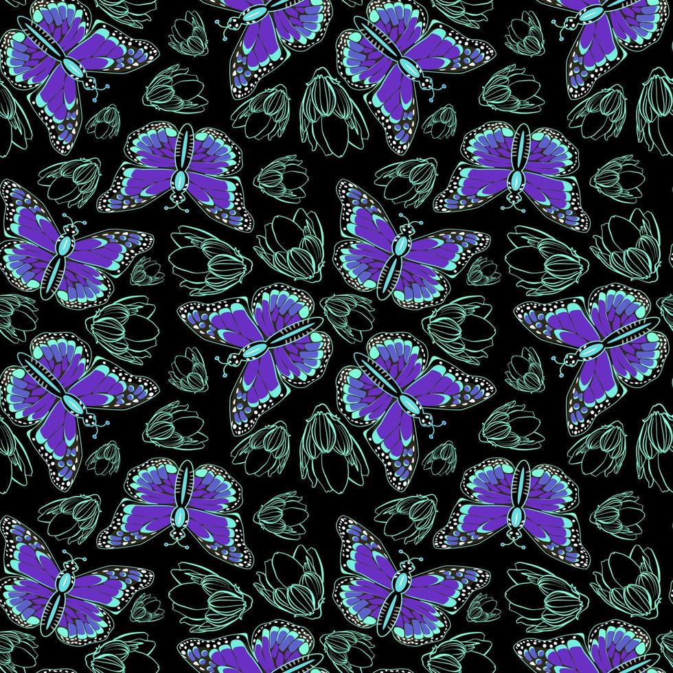 Seamless botanical pattern with neon monarch butterflies and buds of flowers vector