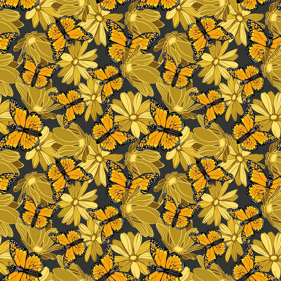 Seamless floral pattern with monarch butterflies in yellow flowers vector