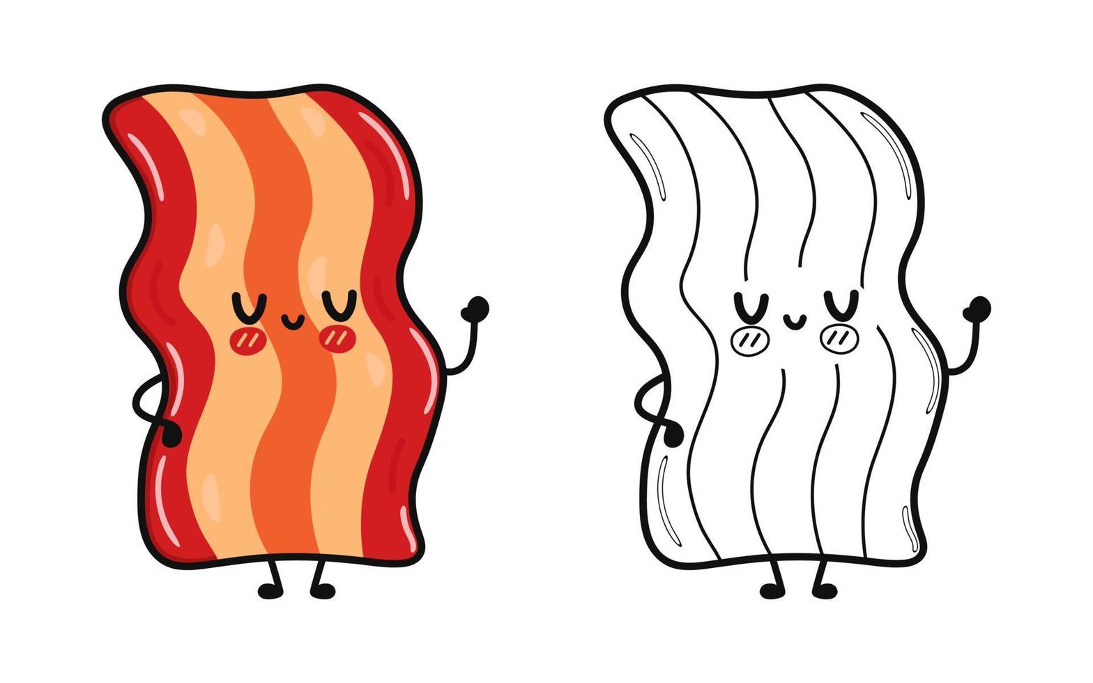 Funny cute happy bacon characters bundle set. Vector hand drawn cartoon kawaii character illustration icon. Cute bacon. Outline cartoon illustration for coloring book