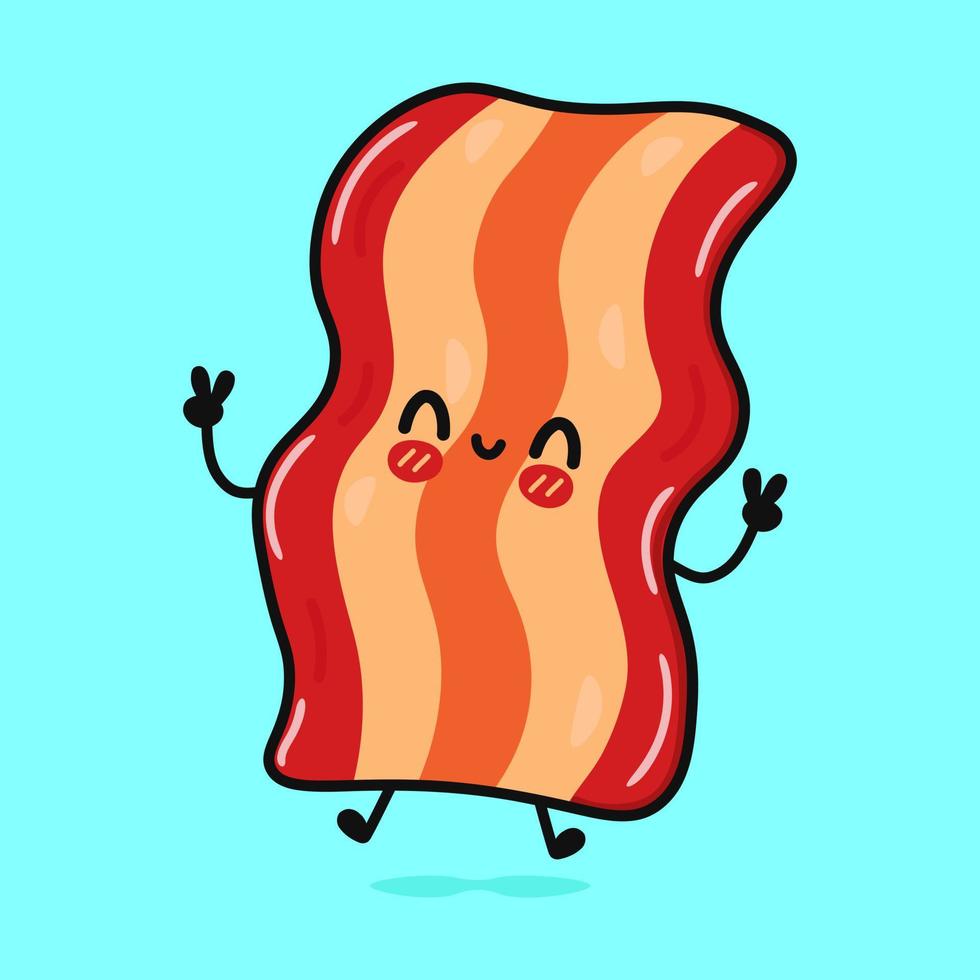 Cute funny jumping bacon. Vector hand drawn cartoon kawaii character illustration icon. Isolated on blue background. Bacon character concept