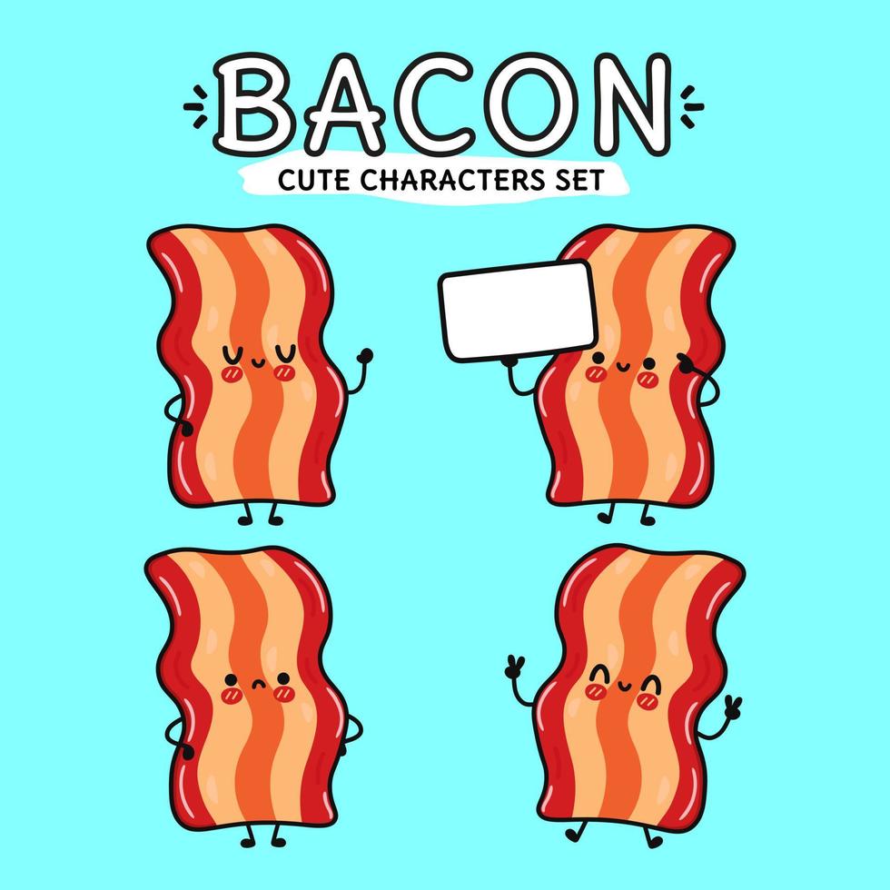 Funny cute happy bacon characters bundle set. Vector hand drawn doodle style cartoon character illustration icon design. Isolated on blue background. Cute bacon mascot character collection