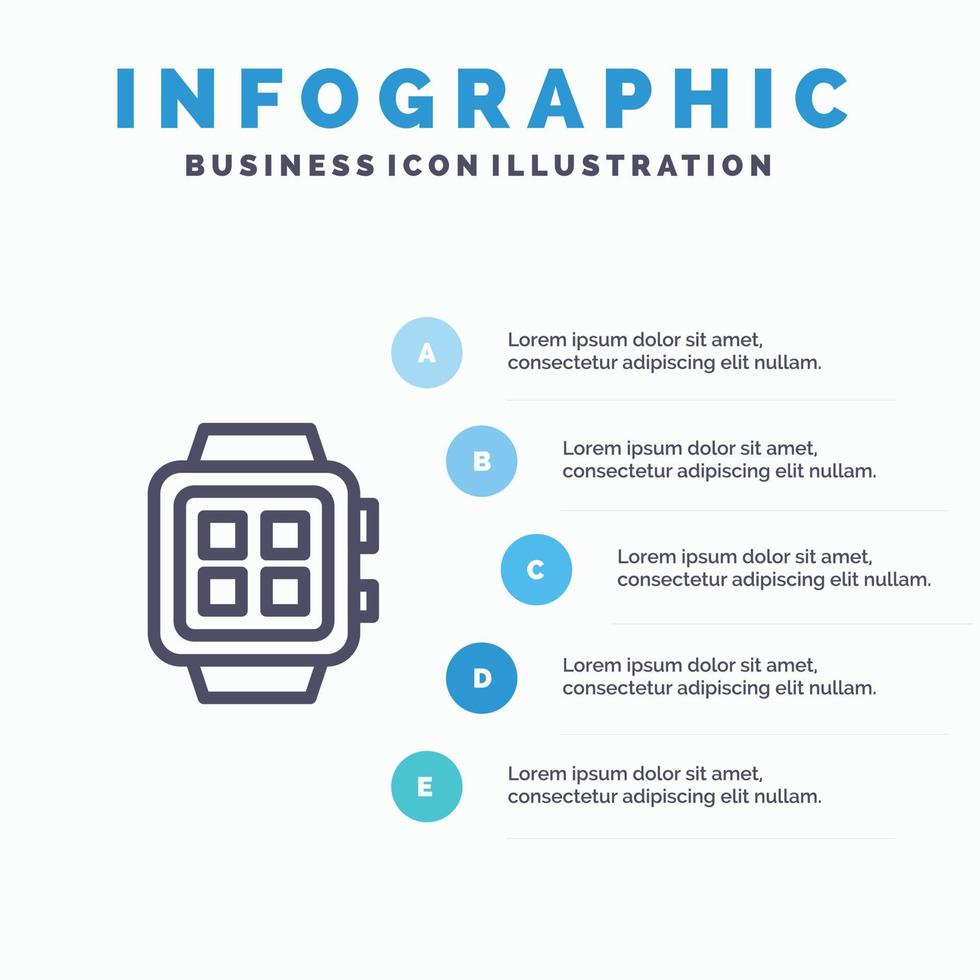 icono de línea de reloj de tecnología inteligente de hogar electrónico con fondo de infografía de presentación de 5 pasos vector