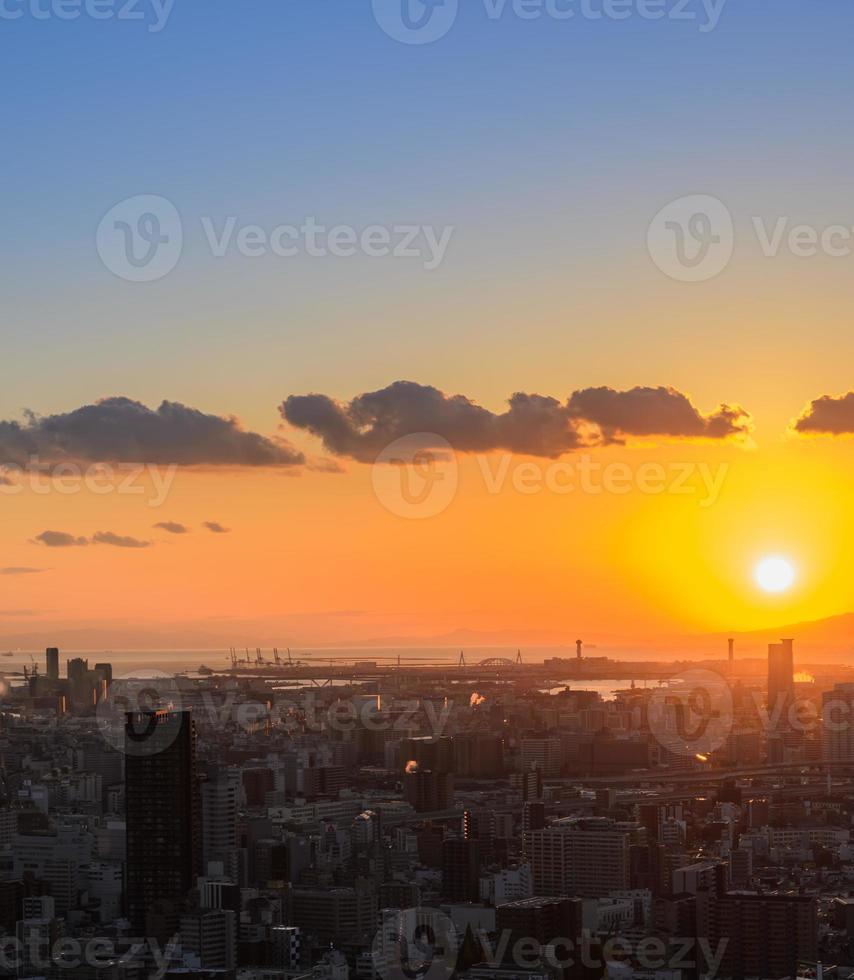 Sunset cityscape business downtown aerial view in Osaka, Japan photo