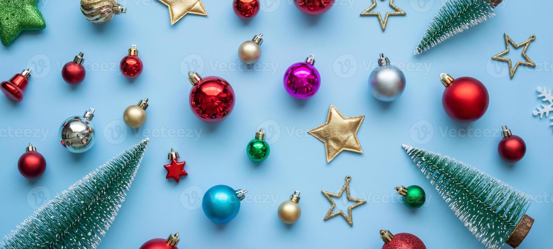 Christmas new year background pine tree ball bauble on blue pastel background photo