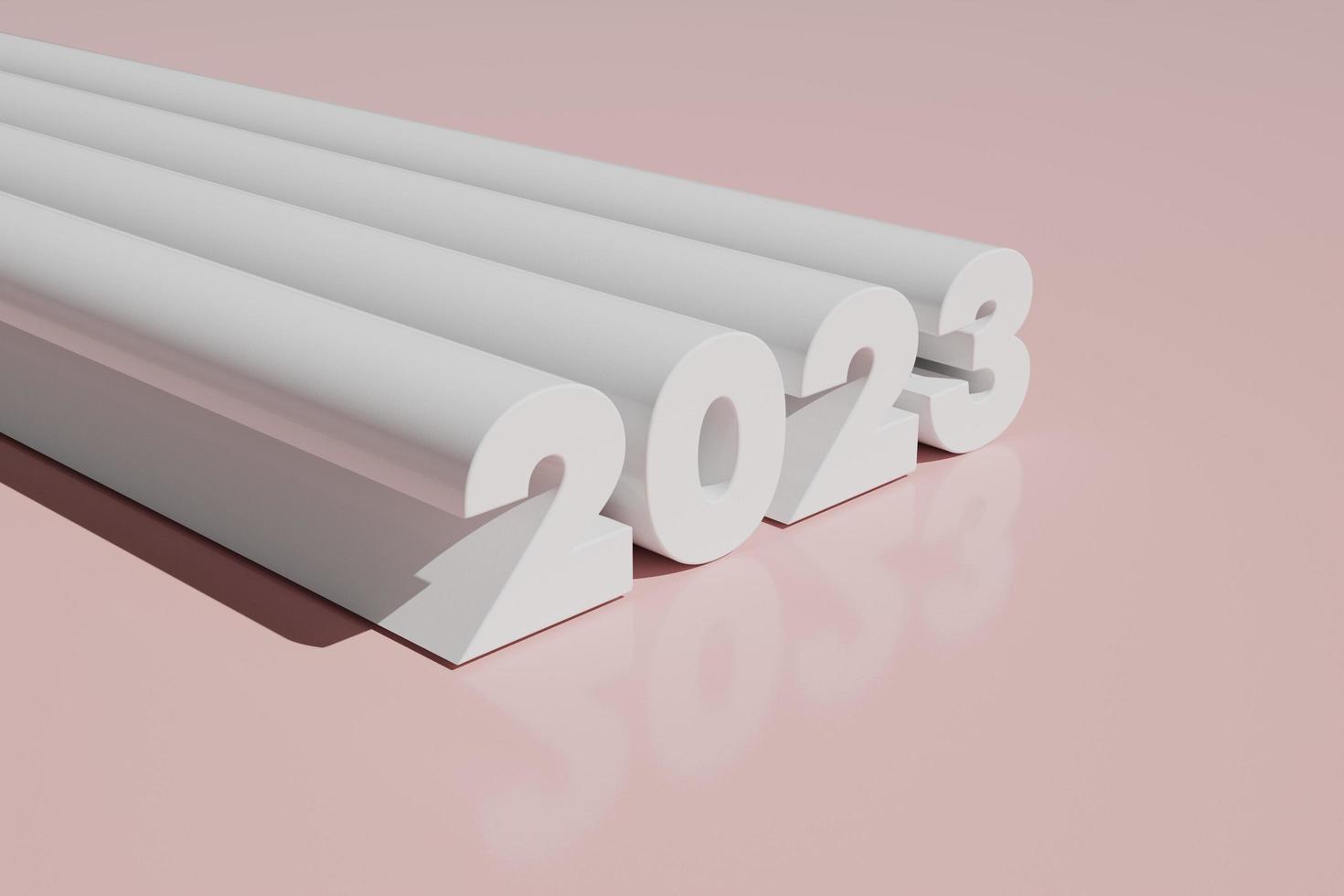 Extruded white numbers 2023 new year on pink background 3d render. photo