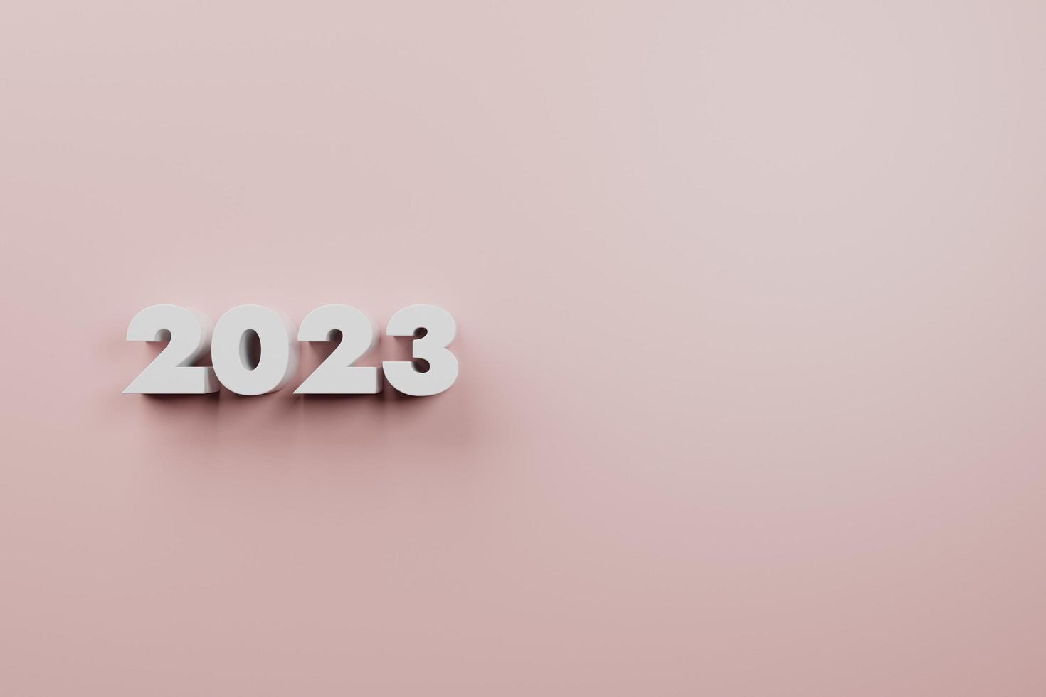 Extruded white numbers 2023 new year on pink wall background 3d render. photo