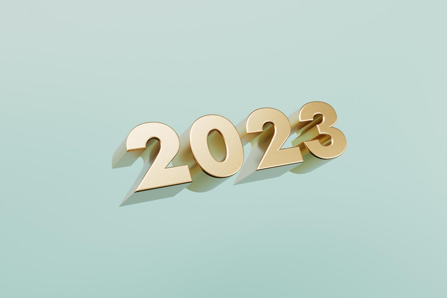 Extruded gold numbers 2023 new year on blue background 3d render. photo
