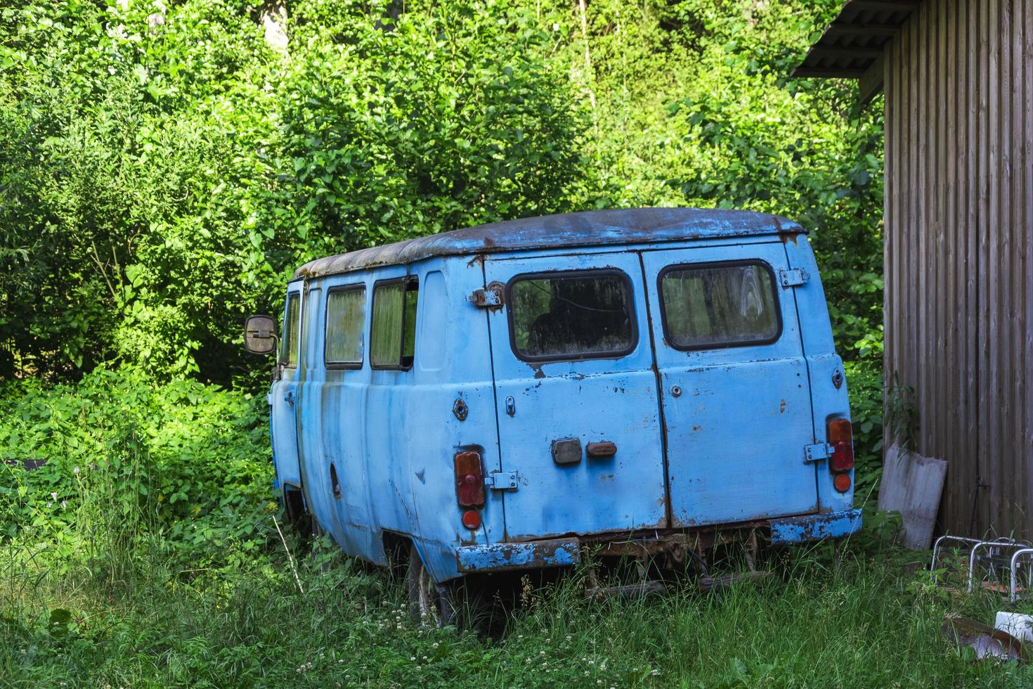 An old broken down abandoned car of blue color standing among the greenery photo