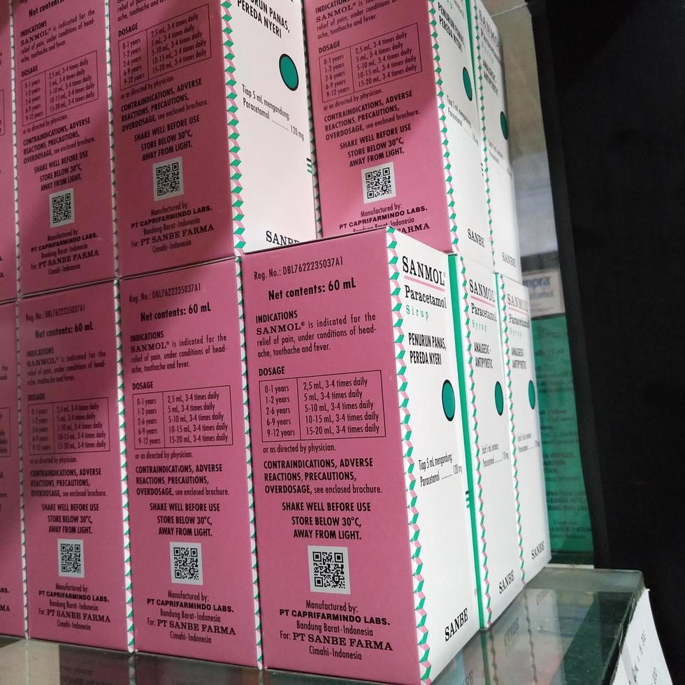 Depok, Indonesia, October 21, 2022, various brands of liquid medicine or syrup to reduce fever, relieve dry cough and phlegm for children or adults found in drug stores or pharmacies photo