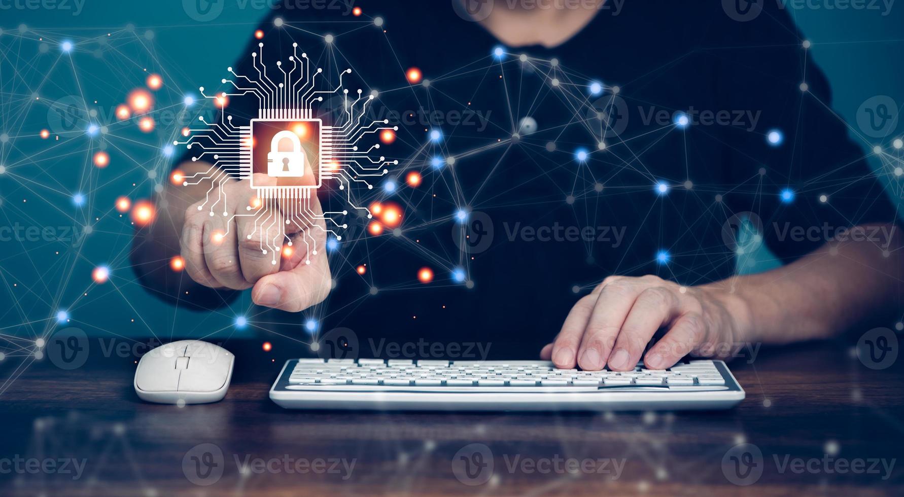 Cyber Protection Data Security Internet Privacy, Internet and technology concept on virtual screen. Man touching on lock icon. photo