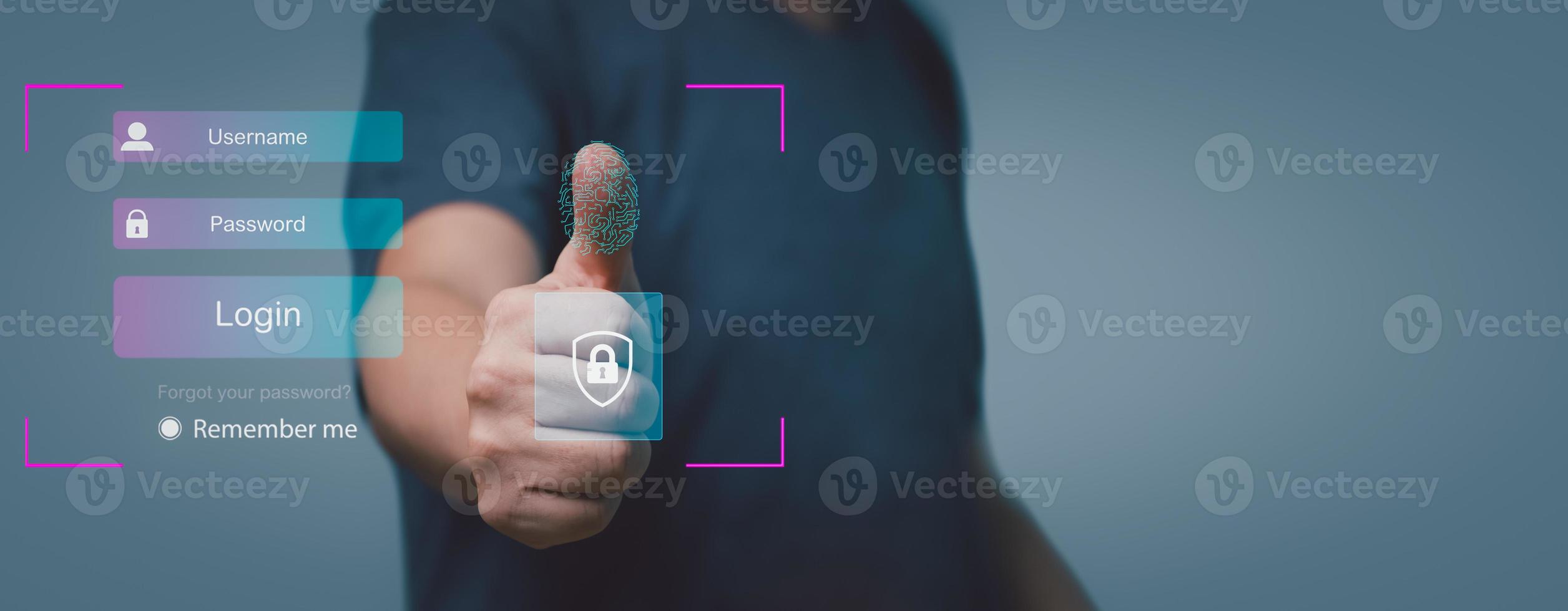 Futuristic digital processing of biometric identification fingerprint scanner. concept of surveillance and security scanning of digital programs cyber futuristic applications. photo