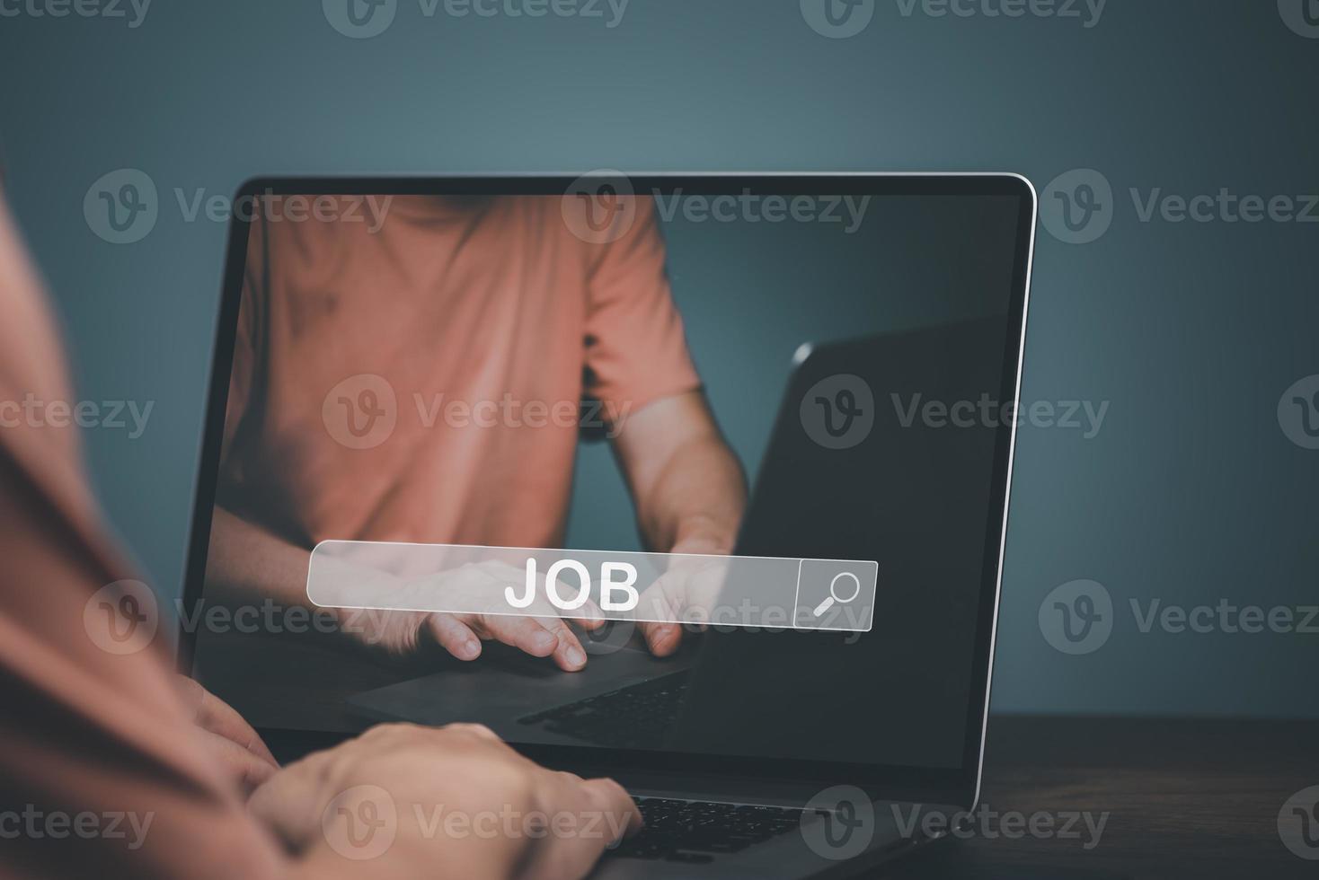 Job search concept, man browsing work opportunities online using job search computer app, find your career, man looking at online website by laptop computer. photo
