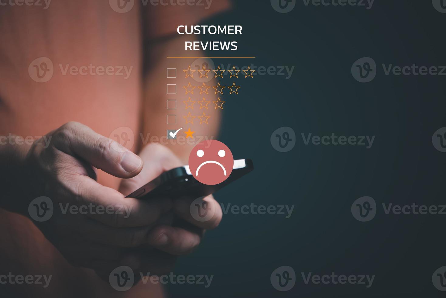 Customer Experience dissatisfied Concept, Unhappy Businessman Client with Sadness Emotion Face on smartphone screen, Bad review, bad service dislike bad quality, low rating, social media not good. photo